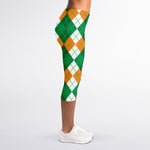 Green Orange And White Argyle Print Women's Capri Leggings