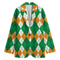 Green Orange And White Argyle Print Women's Cotton Blazer