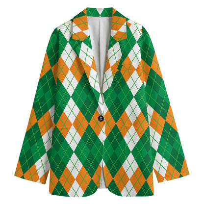 Green Orange And White Argyle Print Women's Cotton Blazer