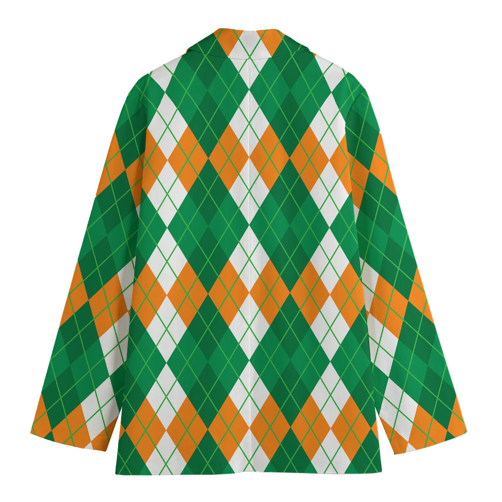 Green Orange And White Argyle Print Women's Cotton Blazer