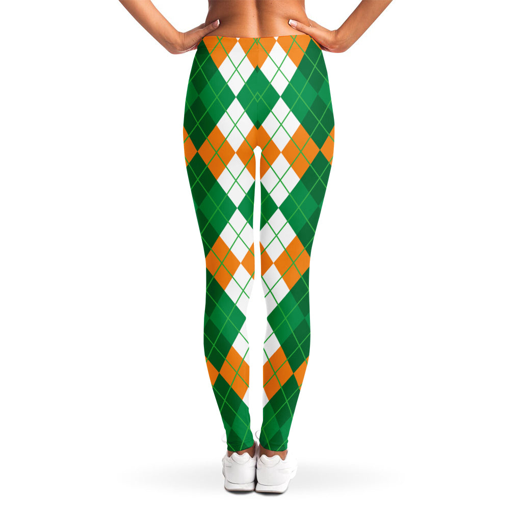 Green Orange And White Argyle Print Women's Leggings