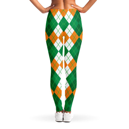 Green Orange And White Argyle Print Women's Leggings