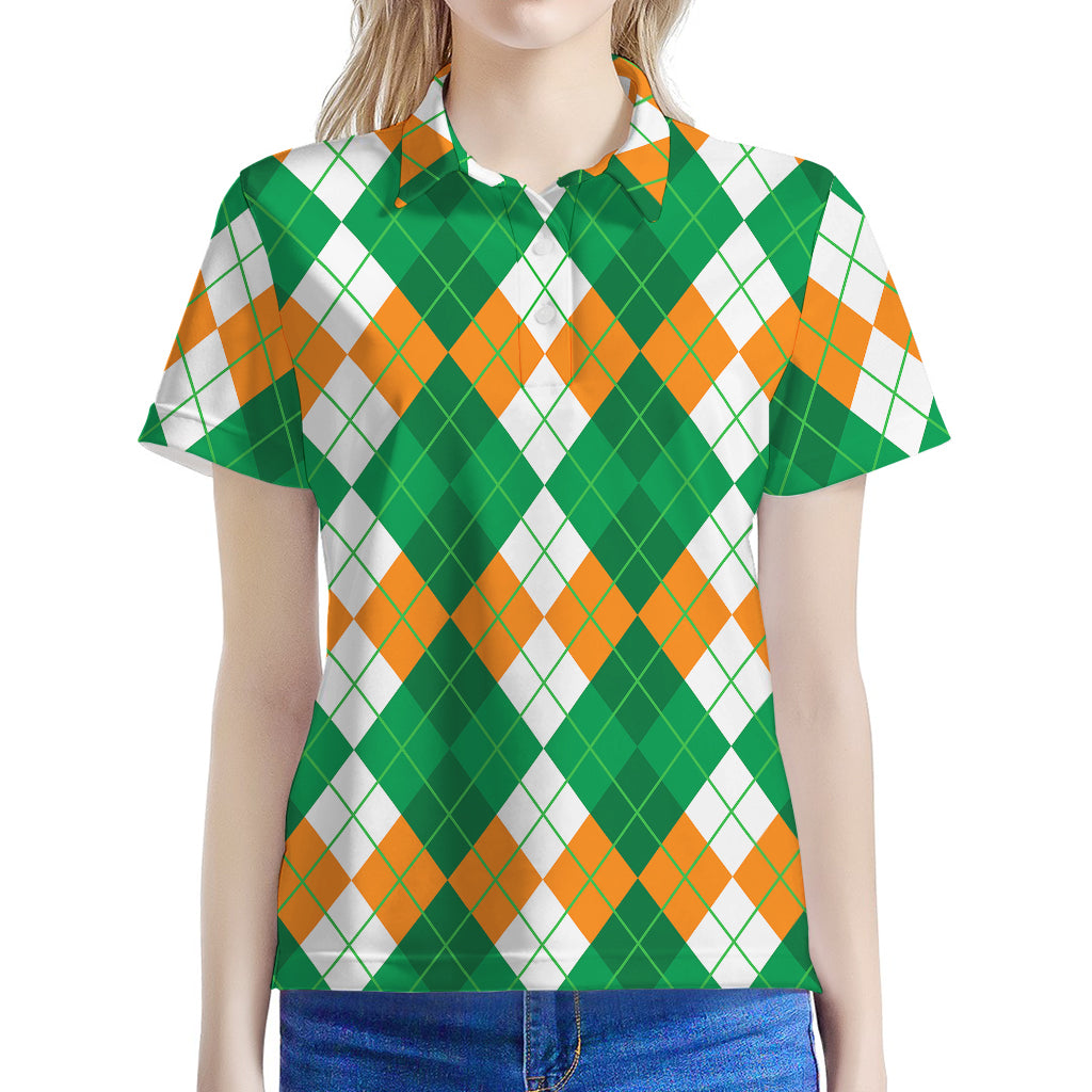 Green Orange And White Argyle Print Women's Polo Shirt