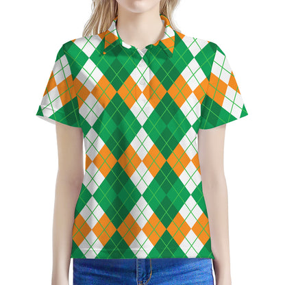 Green Orange And White Argyle Print Women's Polo Shirt