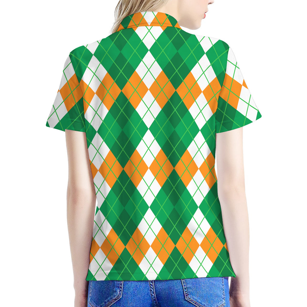 Green Orange And White Argyle Print Women's Polo Shirt