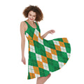Green Orange And White Argyle Print Sleeveless Knee Length Dress