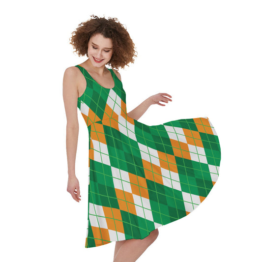 Green Orange And White Argyle Print Women's Sleeveless Dress