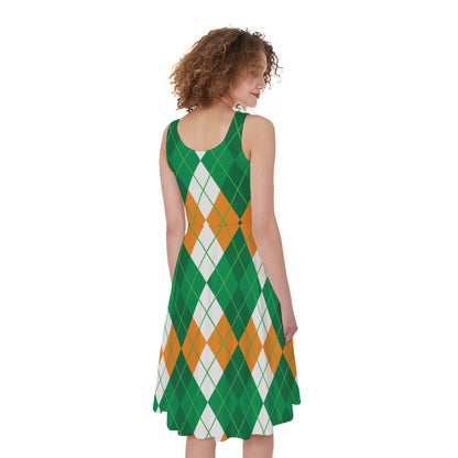Green Orange And White Argyle Print Women's Sleeveless Dress