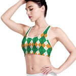 Green Orange And White Argyle Print Women's Sports Bra