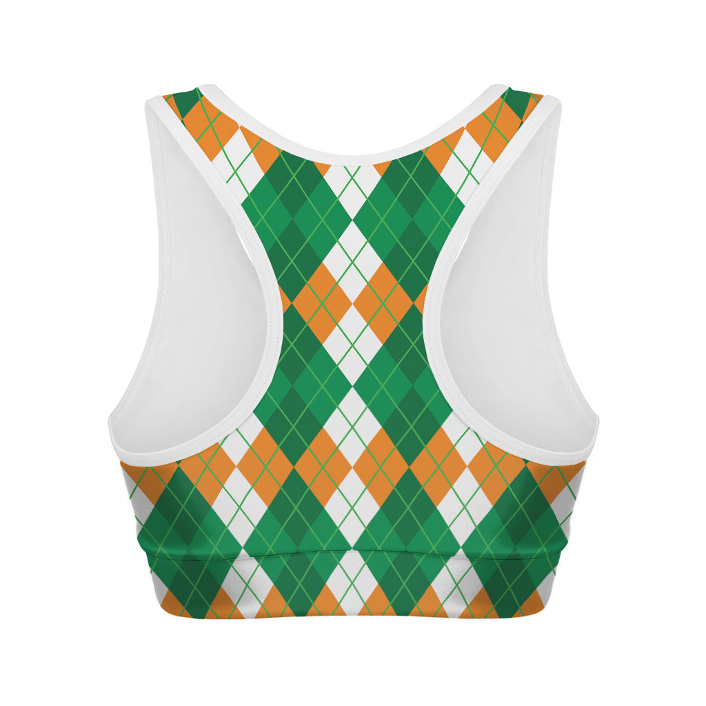 Green Orange And White Argyle Print Women's Sports Bra