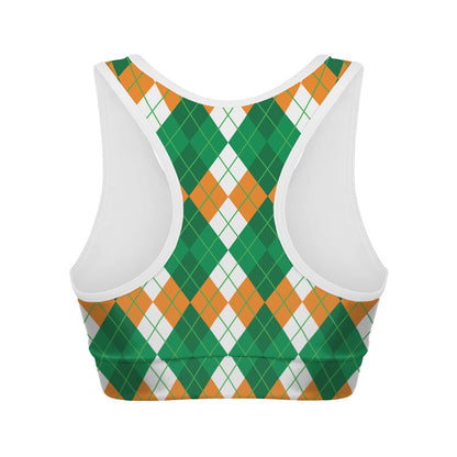 Green Orange And White Argyle Print Women's Sports Bra