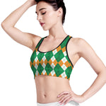 Green Orange And White Argyle Print Women's Sports Bra