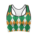Green Orange And White Argyle Print Women's Sports Bra