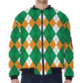 Green Orange And White Argyle Print Zip Sleeve Bomber Jacket