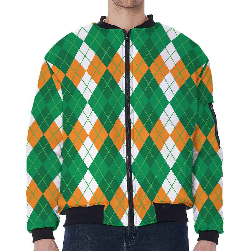 Green Orange And White Argyle Print Zip Sleeve Bomber Jacket