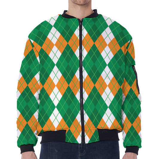 Green Orange And White Argyle Print Zip Sleeve Bomber Jacket