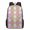 Green Pink And White Argyle Print 17 Inch Backpack