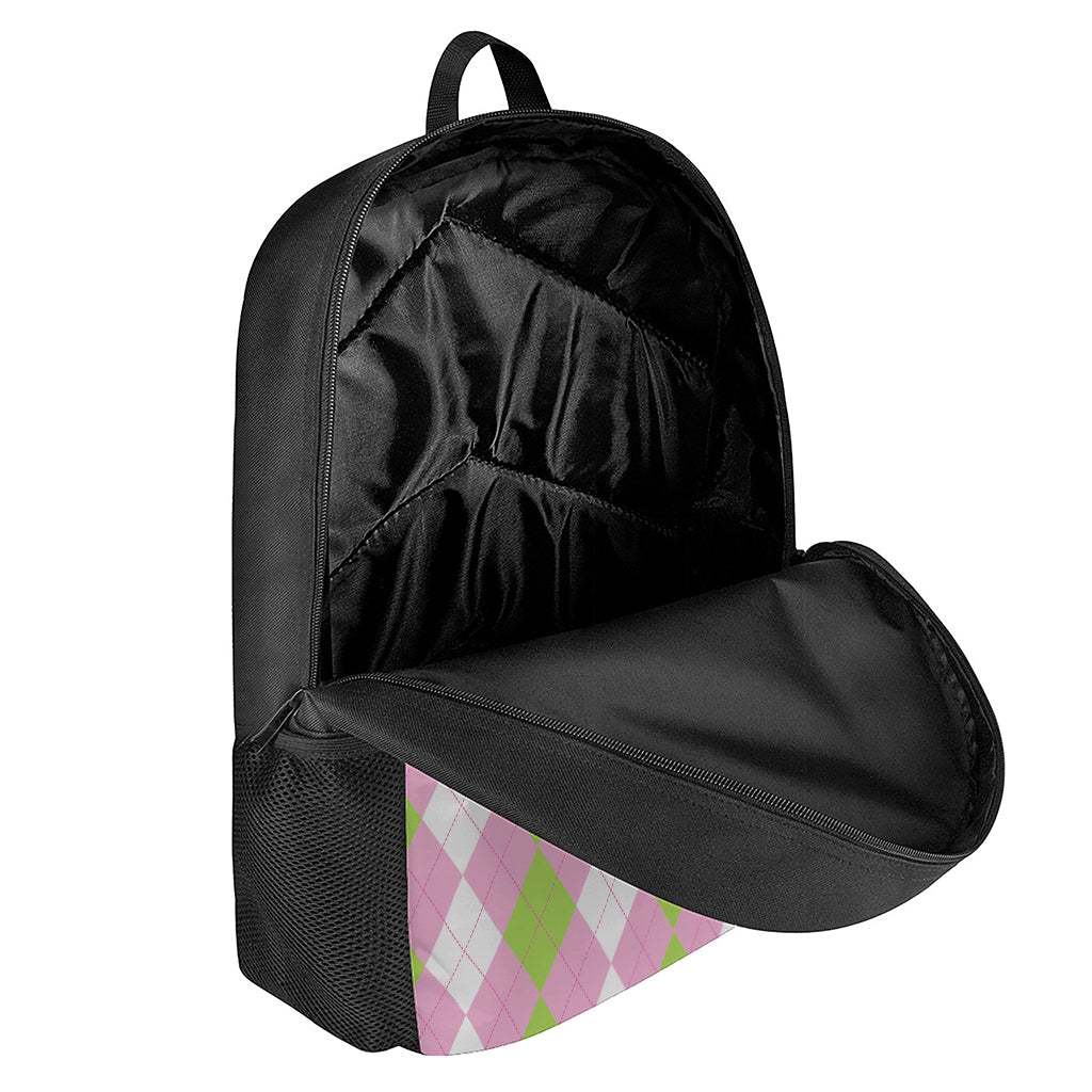Green Pink And White Argyle Print 17 Inch Backpack