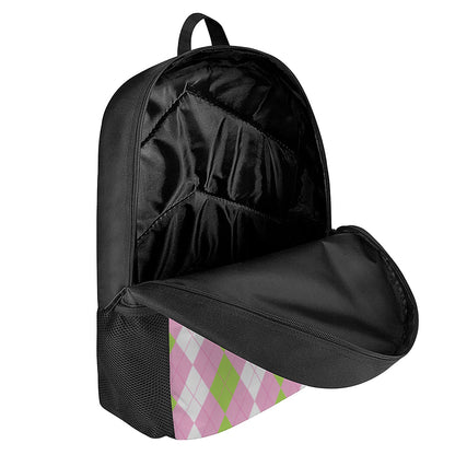 Green Pink And White Argyle Print 17 Inch Backpack