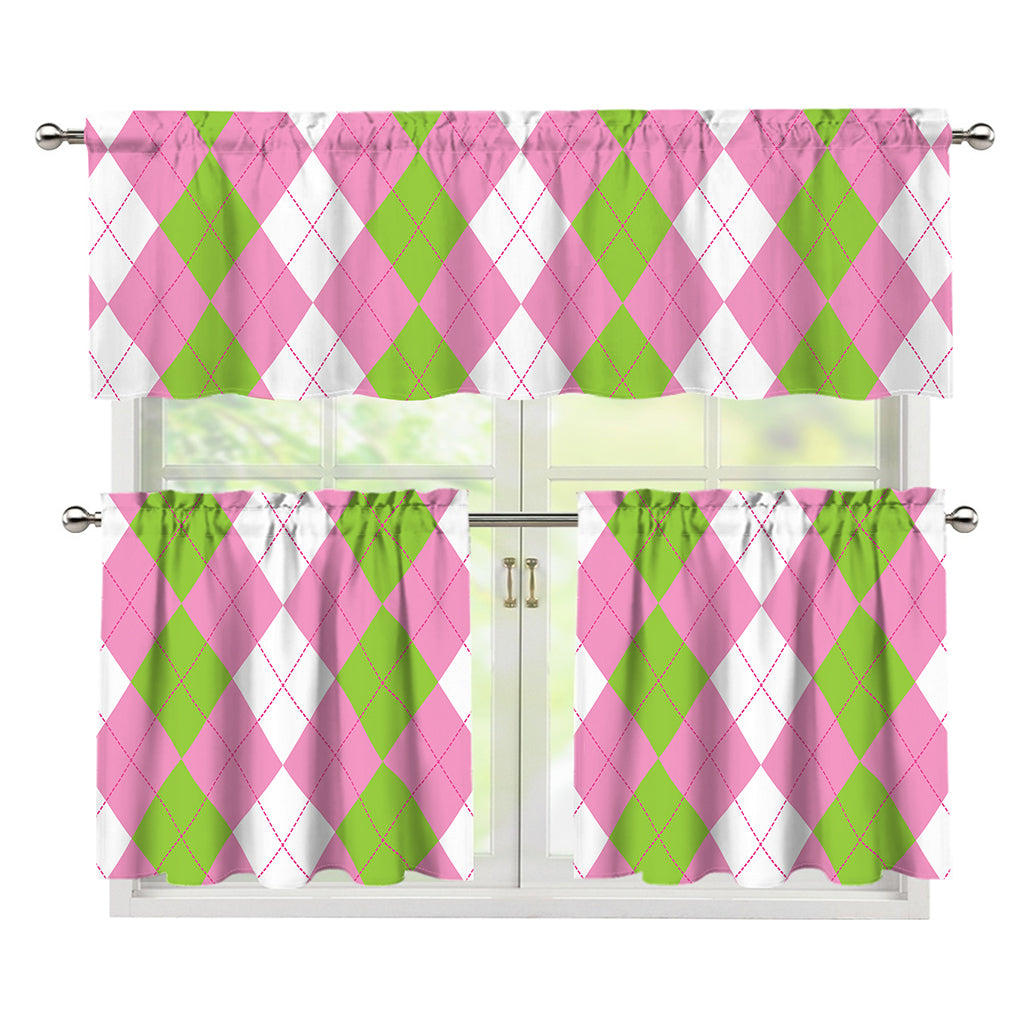 Green Pink And White Argyle Print 3 Piece Kitchen Curtains