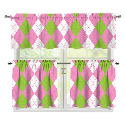 Green Pink And White Argyle Print 3 Piece Kitchen Curtains