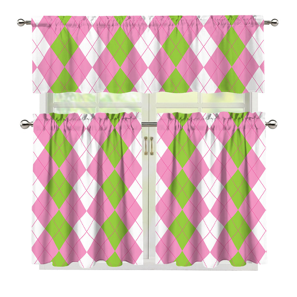 Green Pink And White Argyle Print 3 Piece Kitchen Curtains