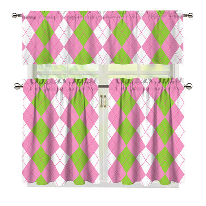 Green Pink And White Argyle Print 3 Piece Kitchen Curtains