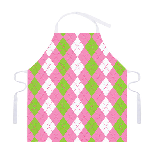 Green Pink And White Argyle Print Adjustable Apron