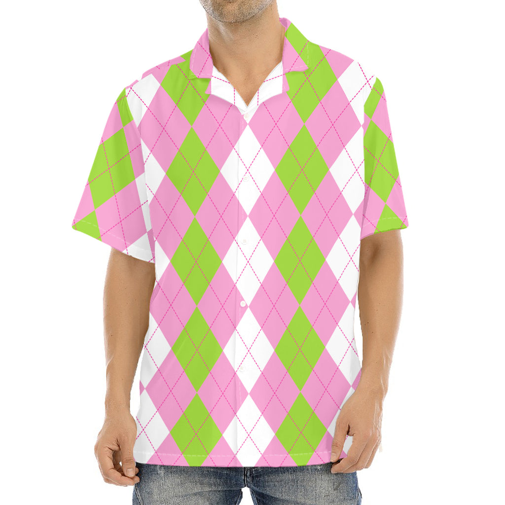 Green Pink And White Argyle Print Aloha Shirt