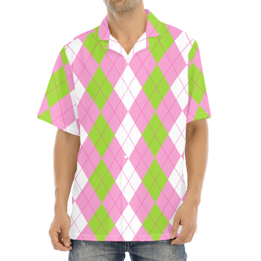 Green Pink And White Argyle Print Aloha Shirt