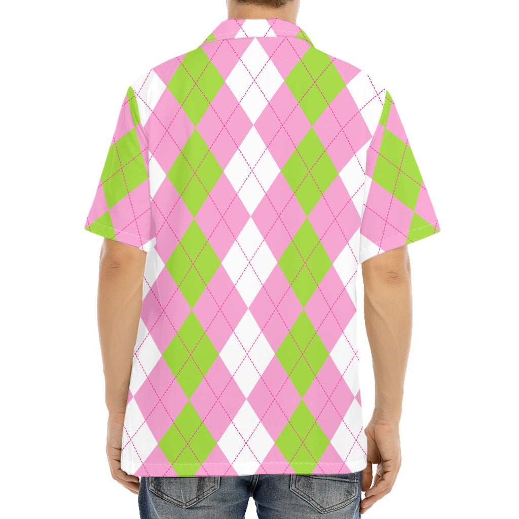 Green Pink And White Argyle Print Aloha Shirt