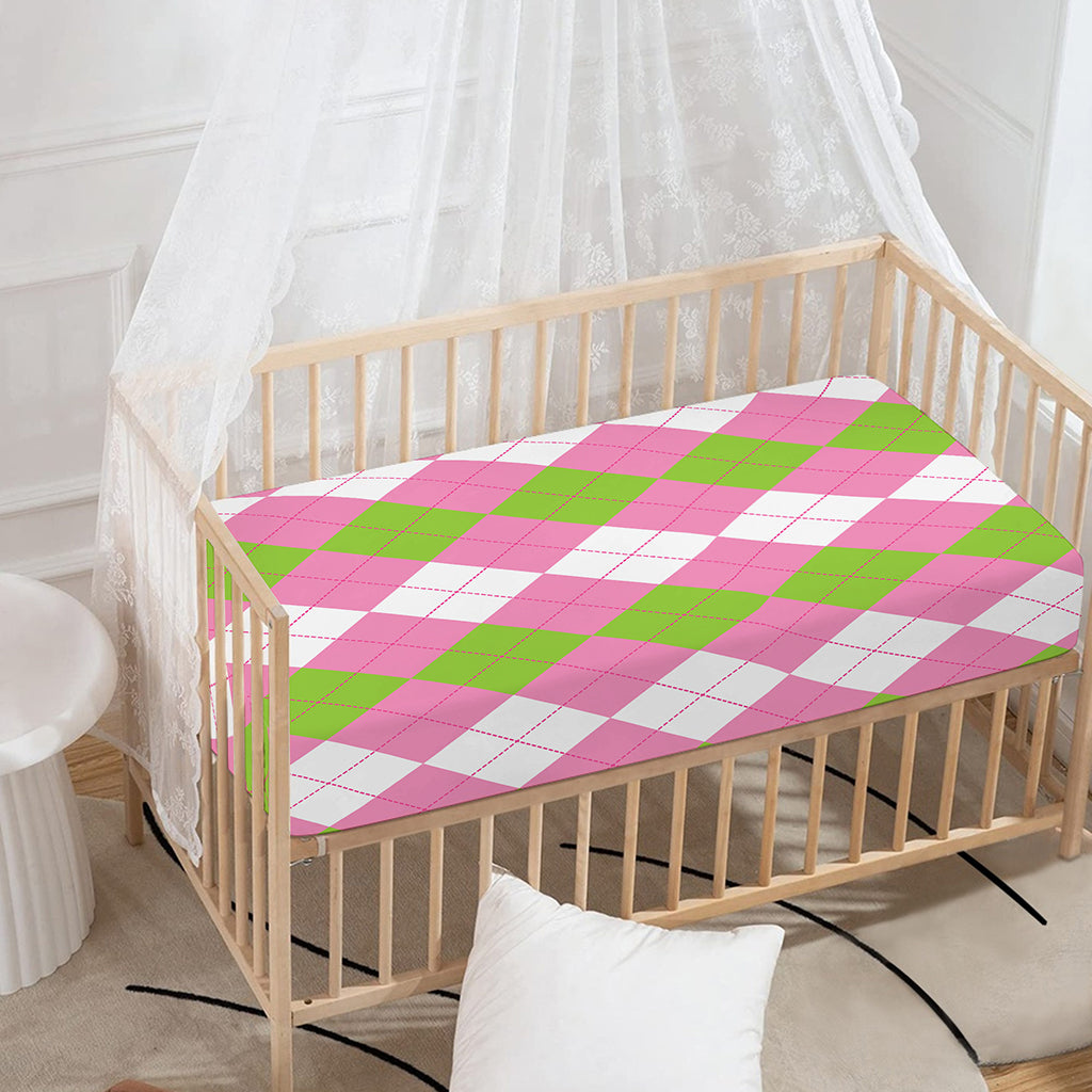 Green Pink And White Argyle Print Baby Crib Sheet