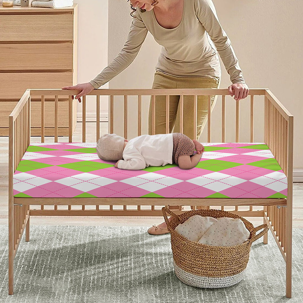 Green Pink And White Argyle Print Baby Crib Sheet
