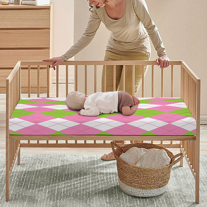 Green Pink And White Argyle Print Baby Crib Sheet