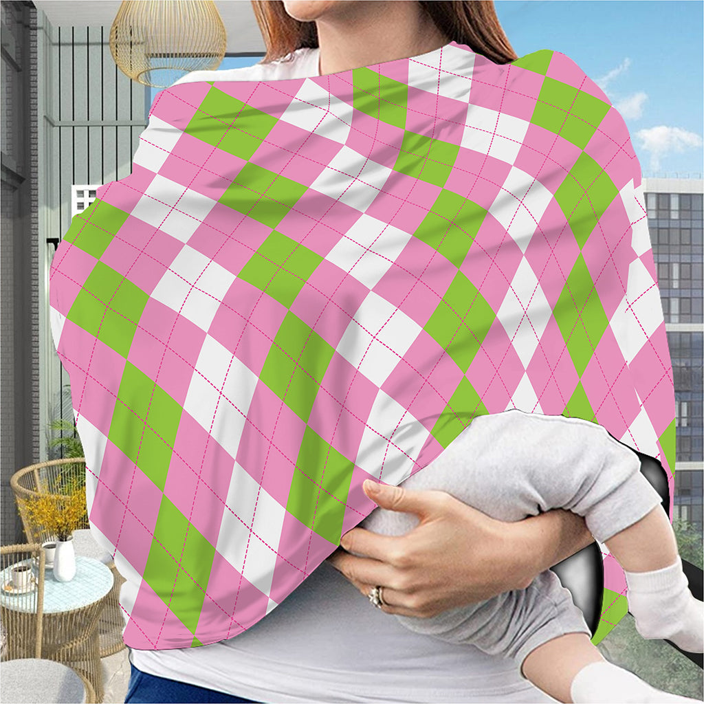 Green Pink And White Argyle Print Baby Seat Cover