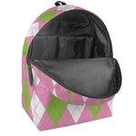 Green Pink And White Argyle Print Backpack