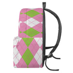 Green Pink And White Argyle Print Backpack