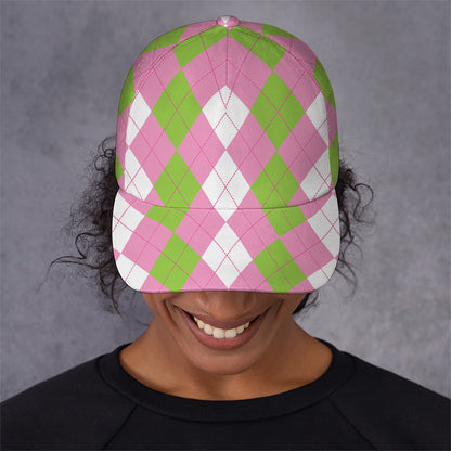 Green Pink And White Argyle Print Baseball Cap