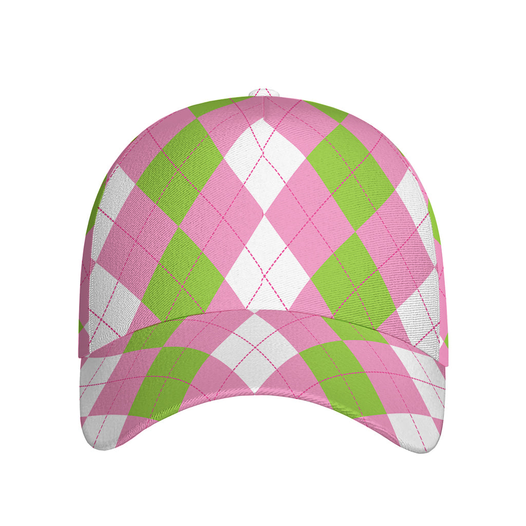 Green Pink And White Argyle Print Baseball Cap