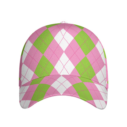 Green Pink And White Argyle Print Baseball Cap