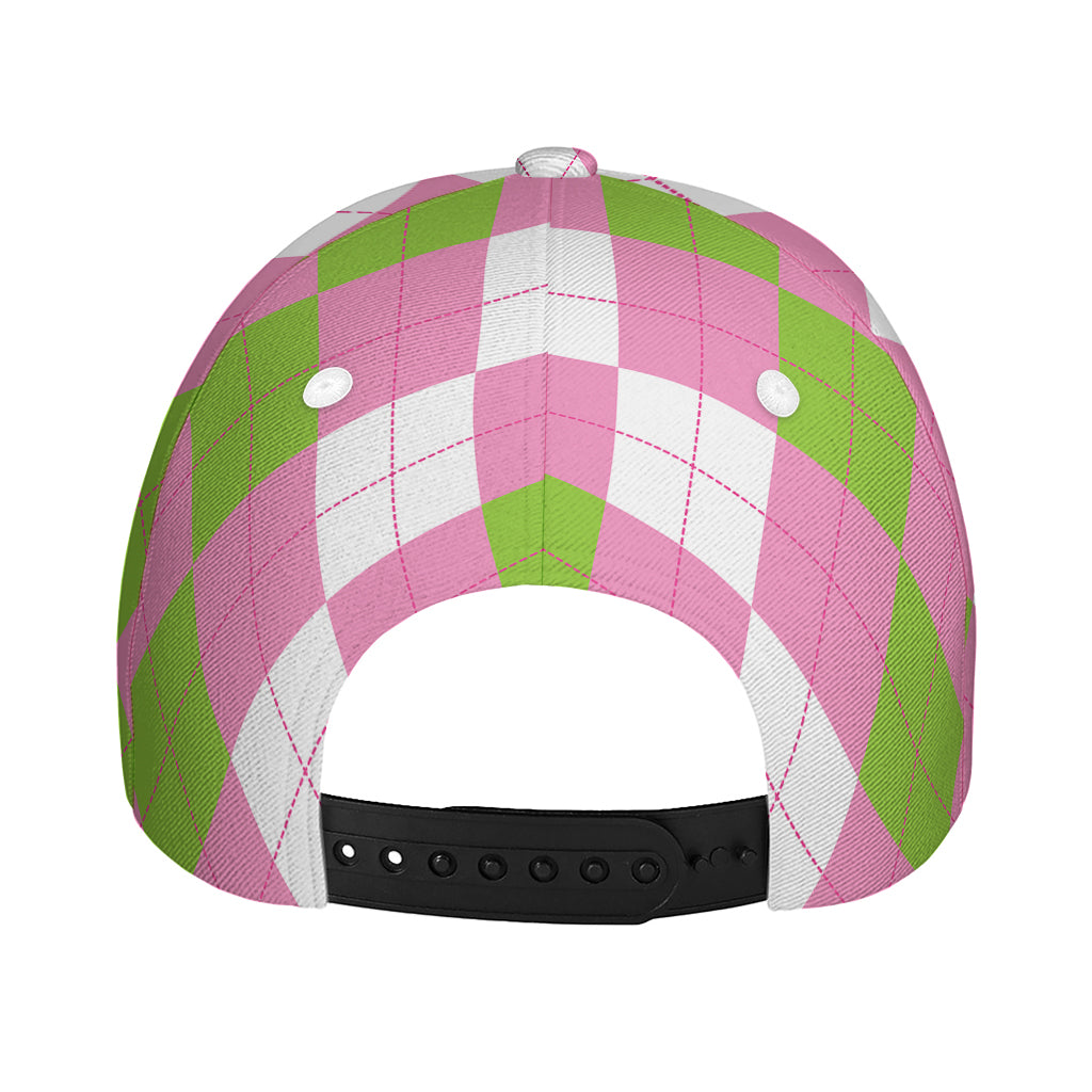 Green Pink And White Argyle Print Baseball Cap