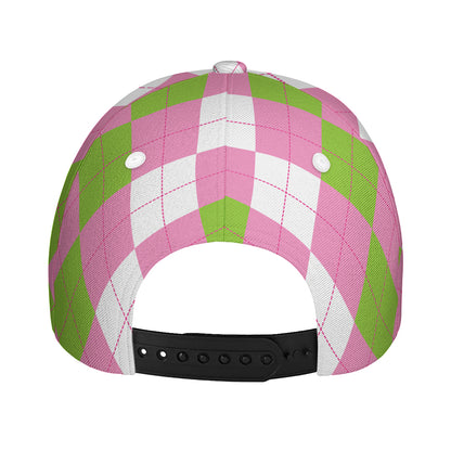 Green Pink And White Argyle Print Baseball Cap