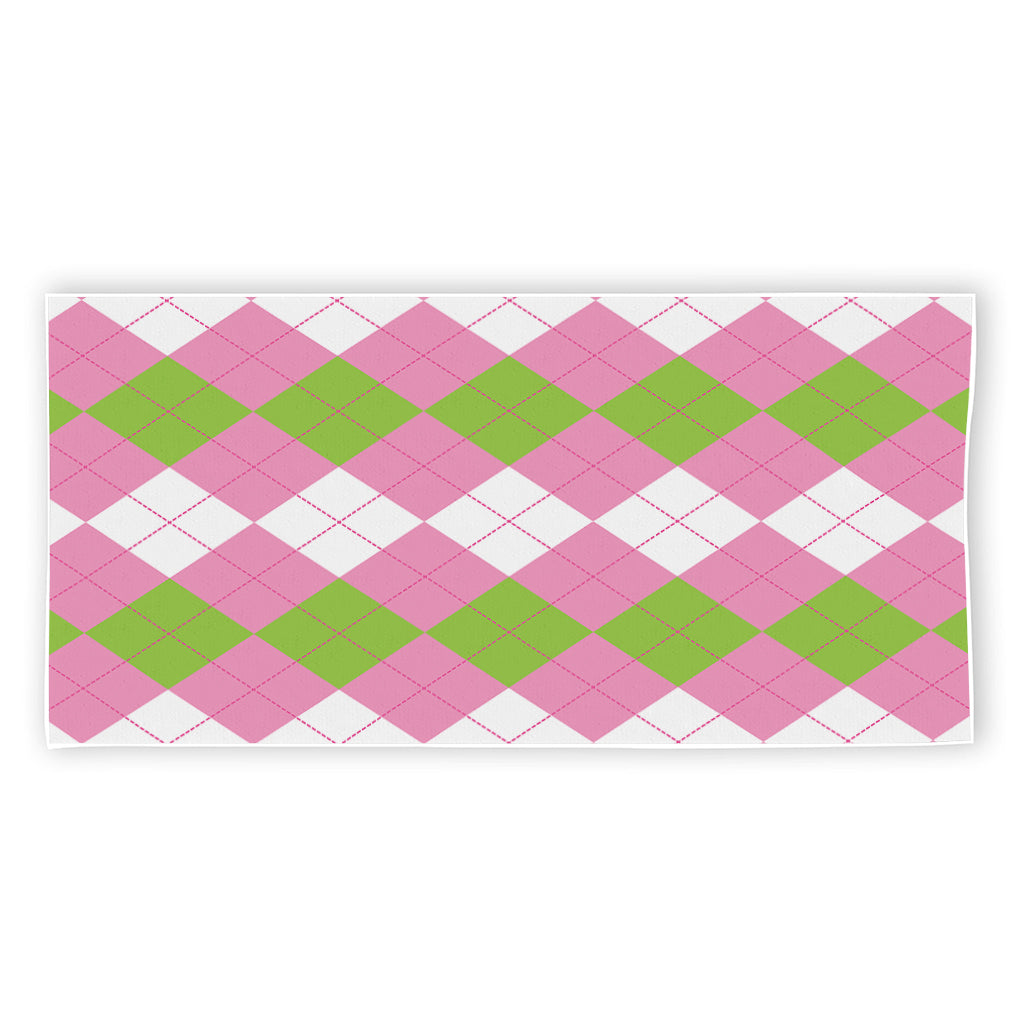 Green Pink And White Argyle Print Beach Towel