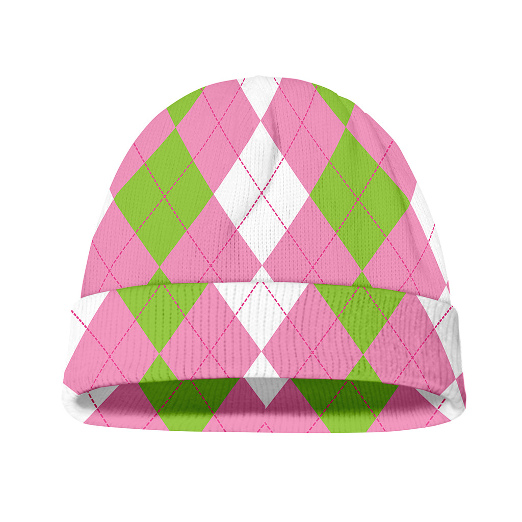 Green Pink And White Argyle Print Beanie