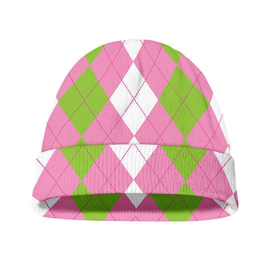 Green Pink And White Argyle Print Beanie