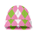 Green Pink And White Argyle Print Beanie
