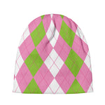 Green Pink And White Argyle Print Beanie