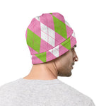 Green Pink And White Argyle Print Beanie
