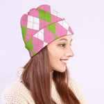 Green Pink And White Argyle Print Beanie