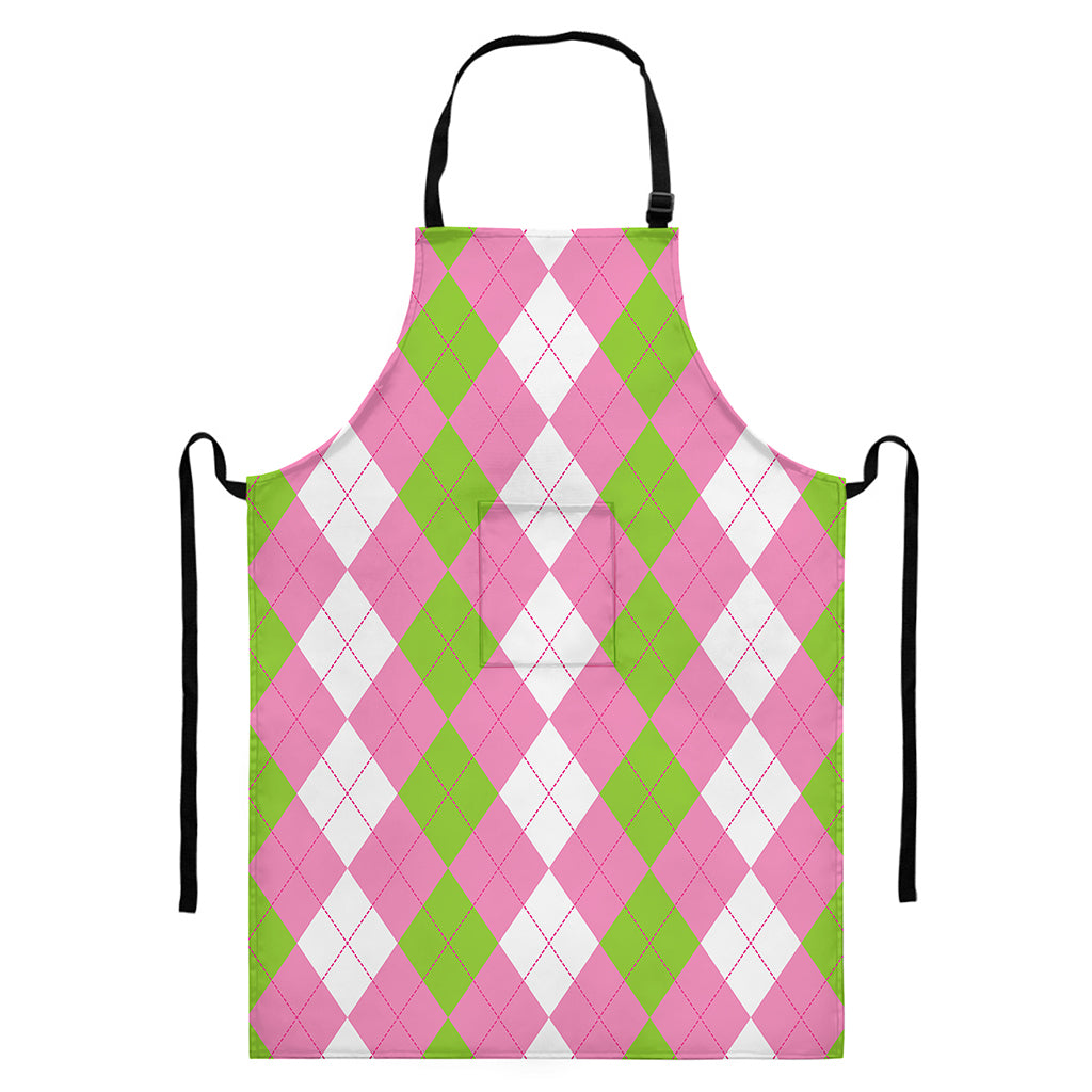 Green Pink And White Argyle Print Bib Apron With Pocket